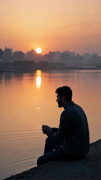 A lone mourner sitting by a river at twilight, his reflection blurred in the water as he whispers prayers for the martyrs of Karbala..
