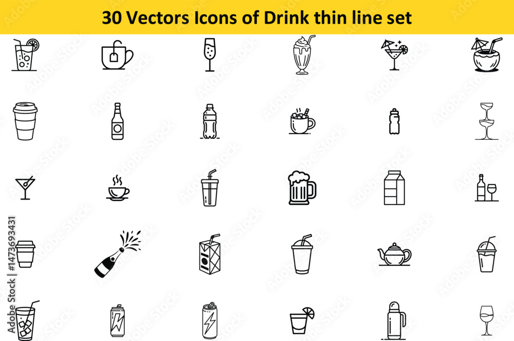 Poster 30 Drink Icons Thin Line Vector Icon Set for Design Projects