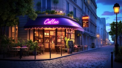 Obraz premium Cozy Evening Scene of a Charming Parisian Café in Vibrant Colors