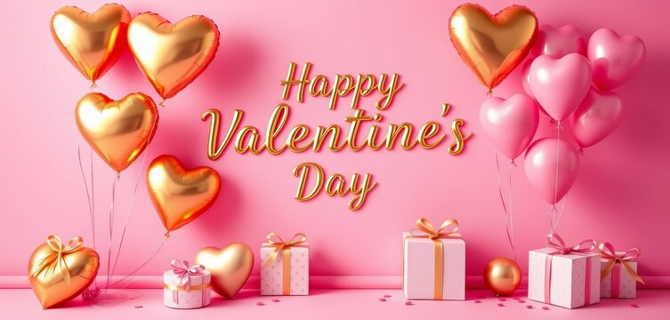 Pink background, gold & pink foil heart balloons, gifts Happy Valentine's Day banner, pink, stock
