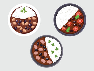 vector illustration of a Feijoada (Black Bean Stew with Pork and Beef, Served with Rice)
