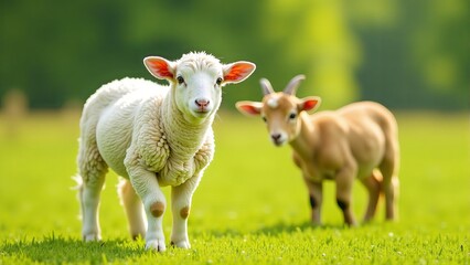 Obraz premium Lamb And Goat Grazing In Meadow