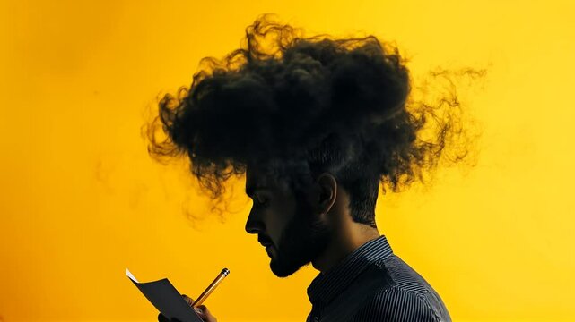 illustration of brain fog on yellow background: man trying to take notes but his mind is surrounded by black fog causing creative block