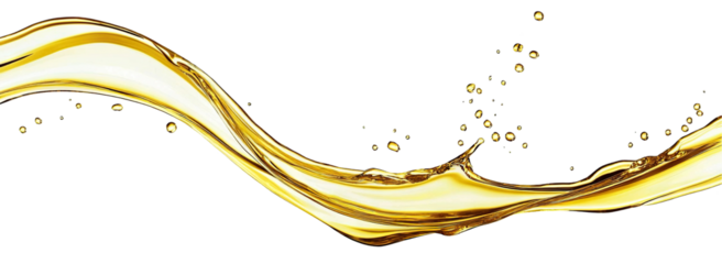 Golden olive oil splash with fluid wave shape, isolated on transparent cutout background