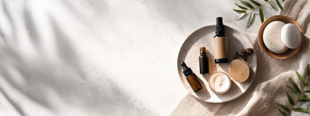 Flat lay of organic skincare products on a white stone surface with soft shadows and elegant composition