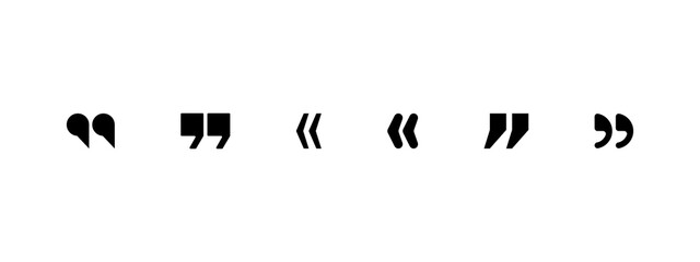 Quote box frame icon set. Monochrome simple horizontal frame. Quotes. Quotation marks. Comment, text box. Speech bubbles with quotation marks. Blank text message box for quotes. Blog post template.