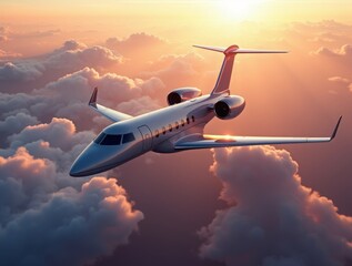 A luxurious private jet soaring above the clouds during golden hour, sleek and elegant design reflecting the sunlight
