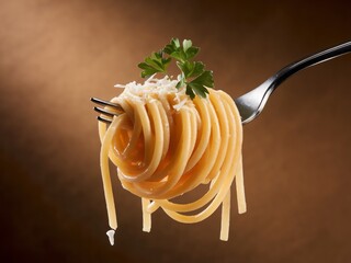 A close-up of forked spaghetti topped with cheese and parsley against a warm, brown background.