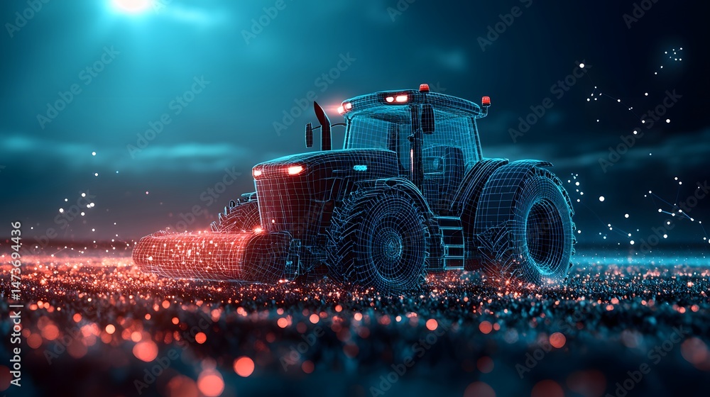 Aufkleber a futuristic tractor works the night field under a starlit sky. the wireframe design adds a modern t