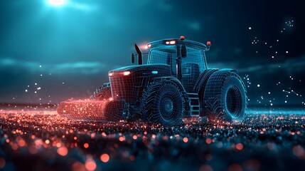A futuristic tractor works the night field under a starlit sky. The wireframe design adds a modern touch to this agricultural scene, highlighting innovation in farming. Abstract wireframe in dark blue