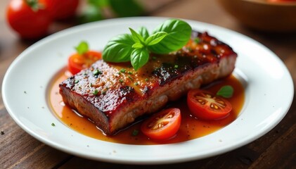 Uncooked pork ribs garnished with basil and tomatoes on a pristine plate, healthy, cooking, food photography