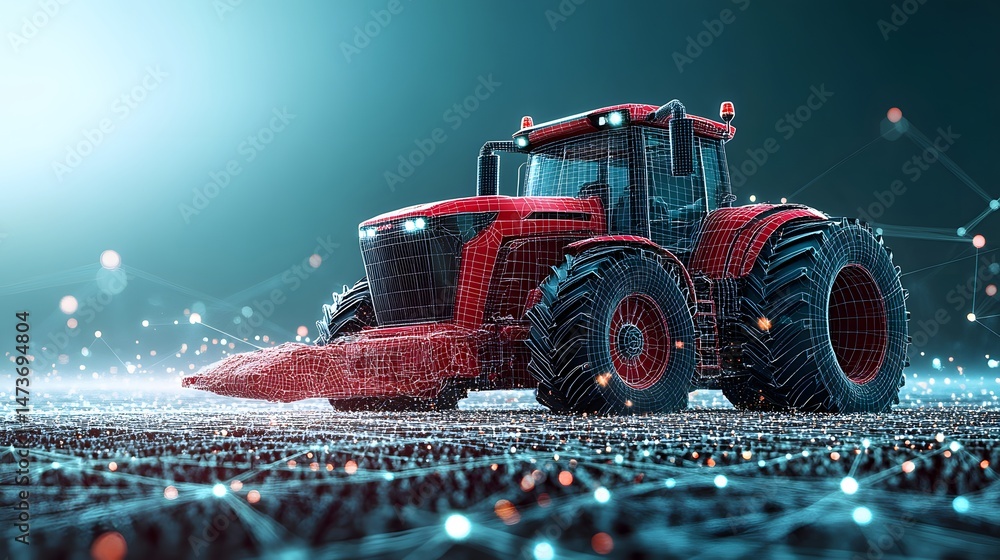 Poster Futuristic red tractor rendered as a wireframe, showcasing technological advancements. The connected grid surface emphasizes connectivity and digital innovation. Abstract wireframe in dark blue.