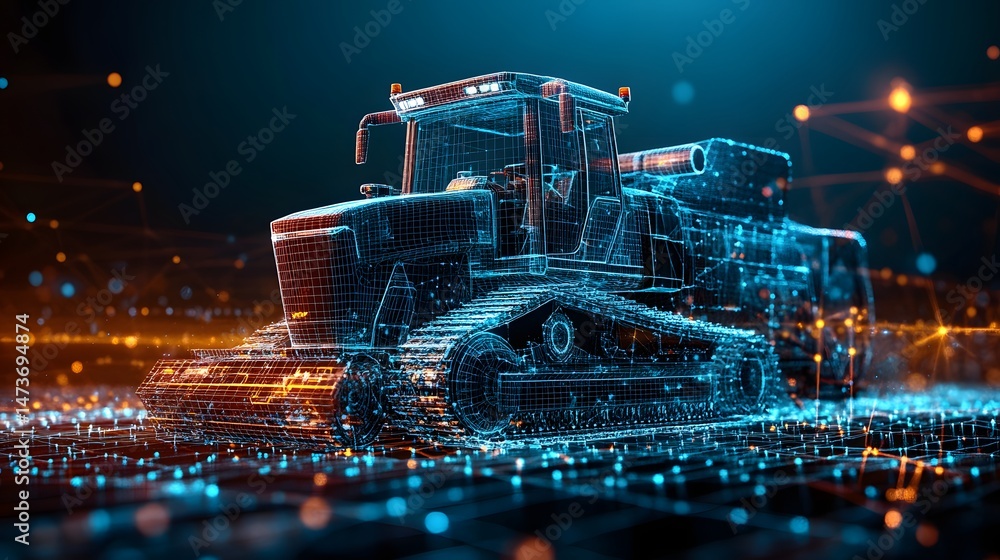 Aufkleber futuristic bulldozer wireframe concept. a digital blueprint with glowing blue lines and a complex da