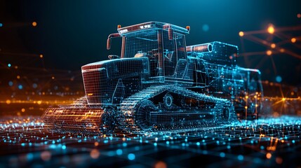 Futuristic bulldozer wireframe concept. A digital blueprint with glowing blue lines and a complex data network. Ideal for tech, construction, and innovation themes. Abstract wireframe in dark blue.