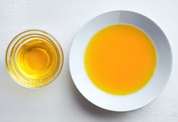 Golden Hue Delight: A captivating close-up captures two bowls of vibrant, translucent oil, one cradled in a delicate glass, the other presented in a pristine white plate.
