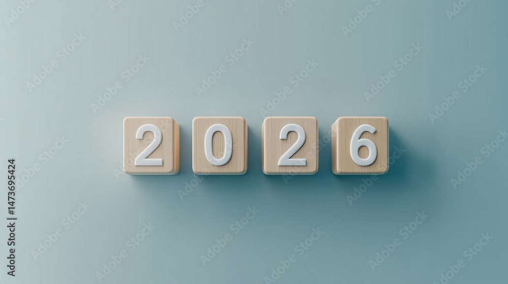 Poster year 2026 displayed on wooden blocks in a minimalistic setting with soft lighting highlighting the n