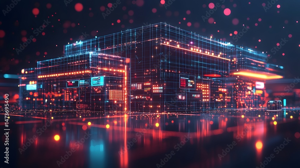 Poster futuristic cityscape glows with neon lights. reflective surfaces enhance the depth. the blue grid bu