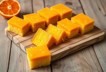Several creamy orange cake pieces arranged on rustic wooden board,  orange cream, background