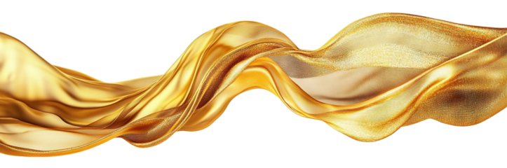 Flowing golden silk fabric wave, isolated on transparent cutout background