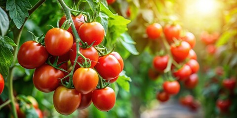 Obraz premium Fresh juicy red tomatoes hanging from a healthy tomato plant stem with lush green leaves and sturdy vine, showcasing the plant's vibrant color and texture , juicy tomatoes, nature photography