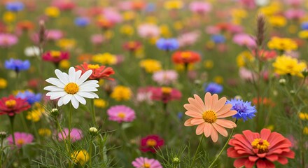 Obraz premium Vibrant Wildflower Field Featuring White and Peach Daisies in a Sunny Early Summer Meadow