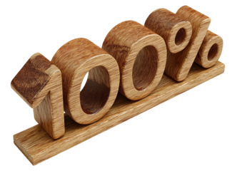 Wooden 100 percent symbol, isolated on transparent cutout background
