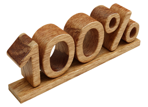 Wooden 100 percent symbol, isolated on transparent cutout background