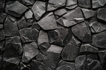 Dark gray stone wall texture.  Close up of irregularly shaped, interlocking pieces of dark gray stone, creating a textured wall surface