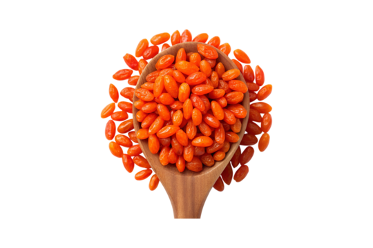 Overhead shot of many goji berries in a wood spoon on gray transparent background - Powered by Adobe