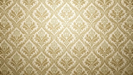 Elegant damask wallpaper with intricate gold and cream patterns featuring a subtle repeating design of interlocking diamonds and curved shapes , gold, wallpaper