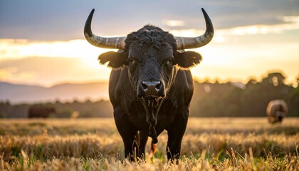 Portrait of a wild bull with long horns in natural habitat