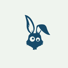 A minimalist cartoon illustration of a rabbit head in a dark blue color against a light background. The image is suitable for use in children's products, logo design, and various creative projects