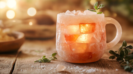 Close-up of a drink served in a handcrafted Himalayan salt mug, filled with ice cubes and garnished with fresh herbs, resting on a rustic wooden table in warm light.