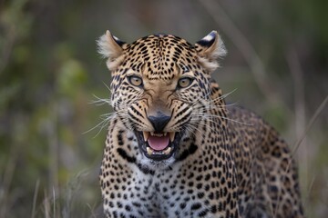 Fototapeta premium A fierce leopard looks directly at the camera, showcasing its stunning rosetted coat and sharp expression.