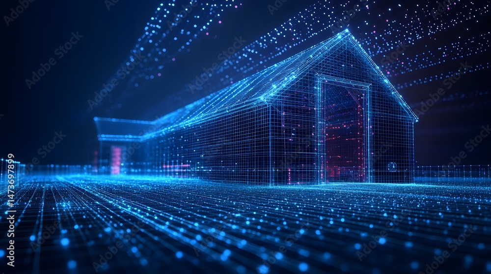 Leinwandbilder digital wireframe of a barn on a grid, set against a dark background. blue lines define the structur
