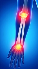 Arm joint pain inflammation anatomy medical illustration with elbow and wrist highlighted for healthcare professionals and educational use