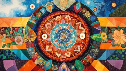 Fototapeta premium Vibrant Abstract Mandala Art with Floral Elements and Geometric Patterns for Creative Spaces