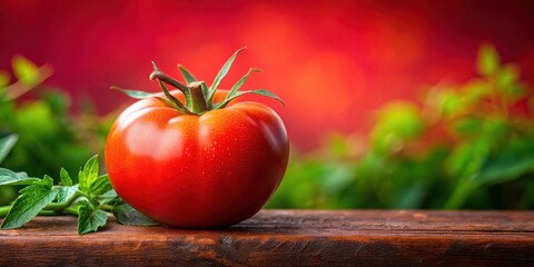 Fresh red juicy farm tomato placed on a vibrant red background with slight ripeness and subtle leaf details , tomato garden, ripe fruit