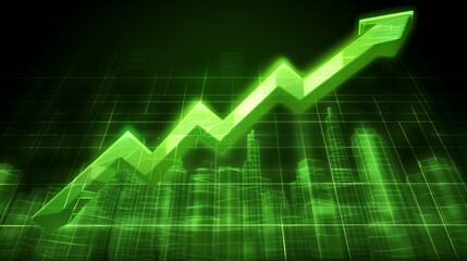 Glowing upward arrow graph on digital screen with financial charts, symbolizing stock market growth, corporate success and positive economic trends.