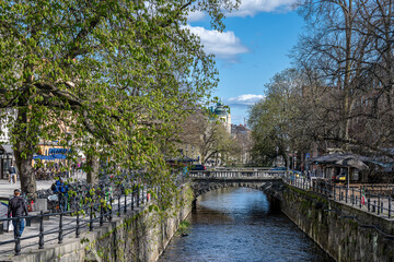 River Fyrisån on a sunny spring day in late April 2025. Uppsala is a famous university town in Sweden..