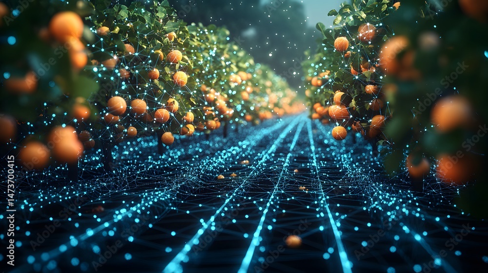 Poster A modern orchard integrates tech for efficiency. Ripe oranges abound, connected by glowing blue networks that monitor growth. This futuristic grove optimizes yields. Abstract wireframe in dark blue