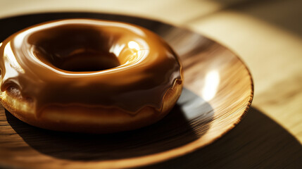 A donut with shiny caramel glaze placed on a ceramic plate, soft light highlights the smooth texture of the glaze and the appeal of the donut.