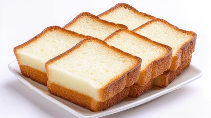 A white plate with six slices of cake.