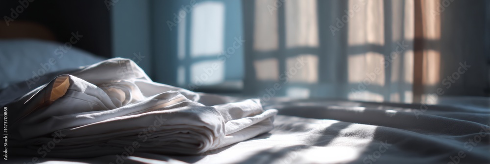 Poster hospital bed linen neatly folded with soft light streaming through the window in a serene room