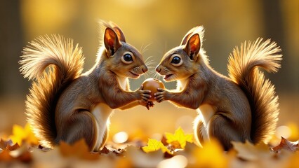 Two Squirrels Sharing Acorn In Autumn