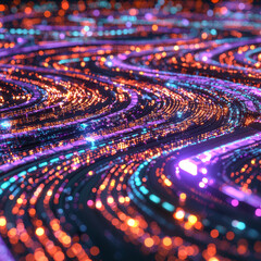 Abstract glowing data streams, swirling in vibrant orange and purple hues