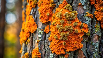 Close-up of Bright Orange Wall Lichen on Bark, forest, bark,  forest, bark, close-up, fungus, moss , tree