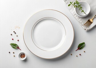 Simple white ceramic plate on clean surface. Ideal for restaurant menu or food branding design.
