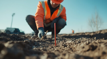 Construction Worker Measuring Ground Level