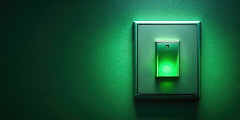 A light switch with a green glowing faceplate on a darkened green background, highlighting the switch's mechanism and intricate design, green glow, lighting fixture
